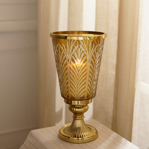 Clear Cut Glass Hurricane with Metal Base - Small