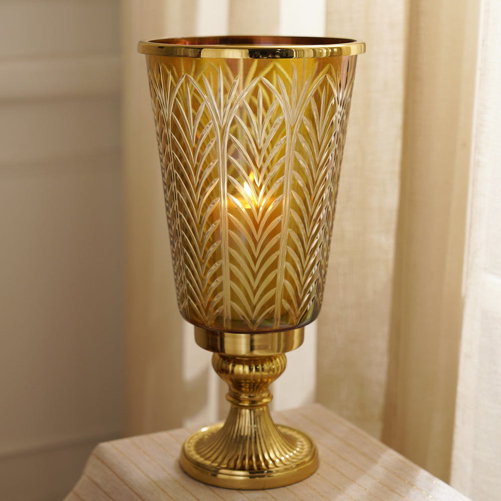 Clear Cut Glass Hurricane with Metal Base - Large