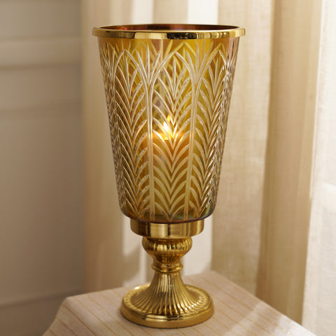 Clear Cut Glass Hurricane with Metal Base - Large
