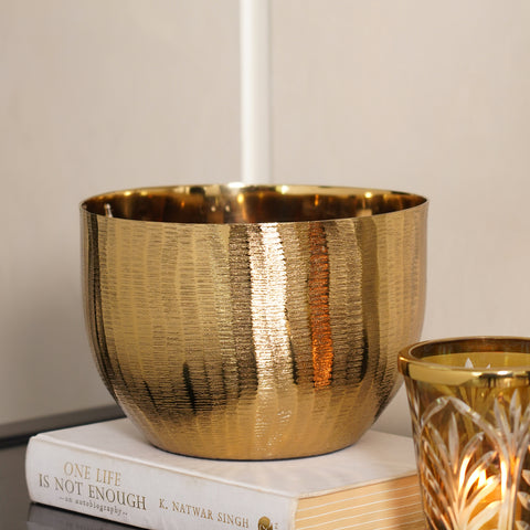 Gold Metal Textured Round Bowl - Large
