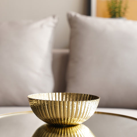 Gold Ribbed Hammered Decorative Metal Bowl - Small