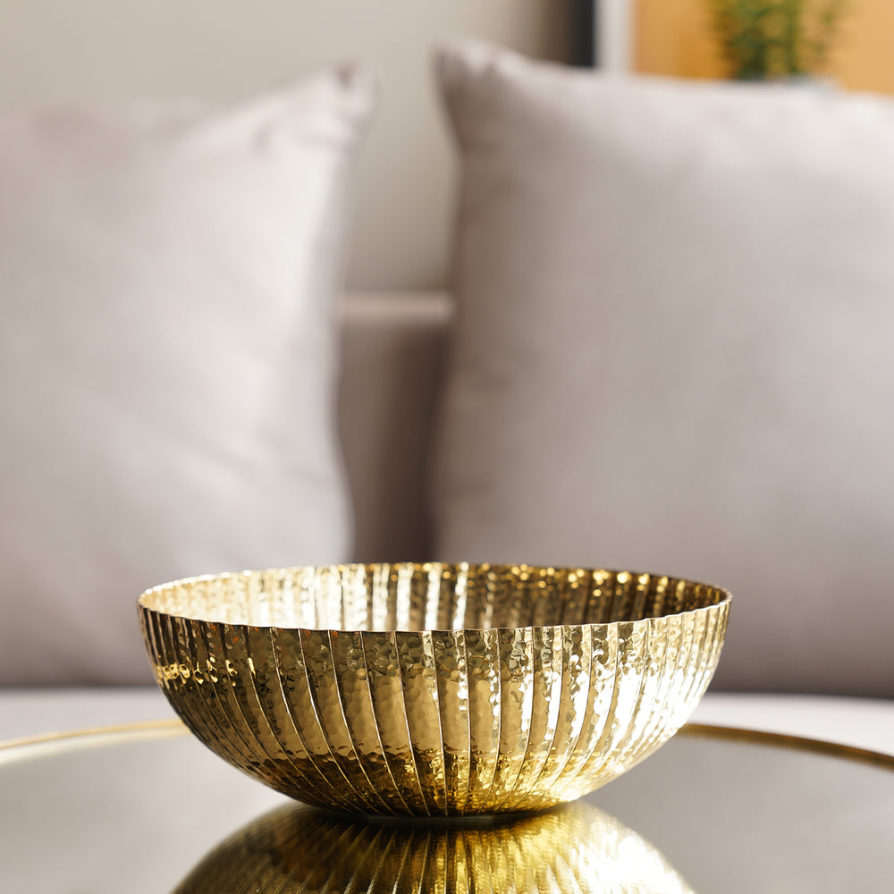 Gold Ribbed Hammered Decorative Metal Bowl - Large