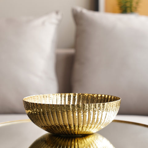 Gold Ribbed Hammered Decorative Metal Bowl - Large