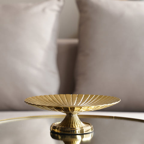 Gold Ribbed Round Decorative Platter with Stand - Medium