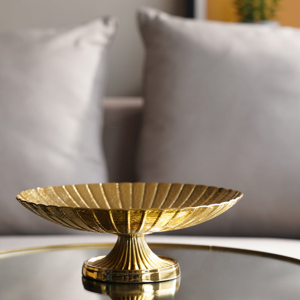 Gold Ribbed Round Decorative Platter with Stand - Large