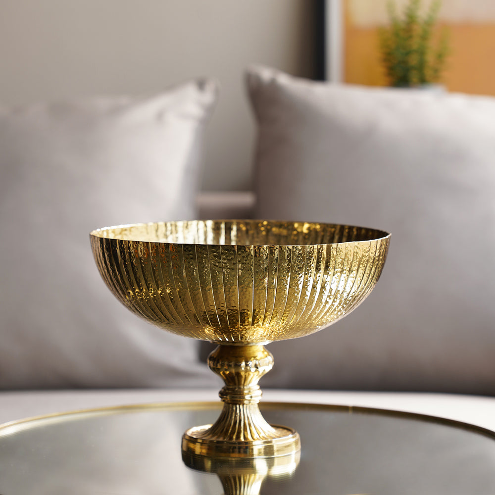 Gold Ribbed Metal Decorative Bowl with Stand