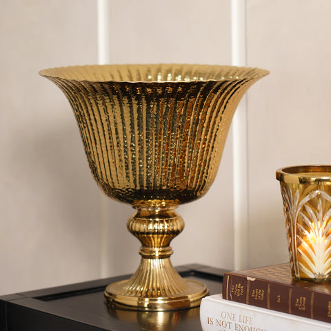 Gold Ribbed Hammered Decorative Metal Jar with Stand