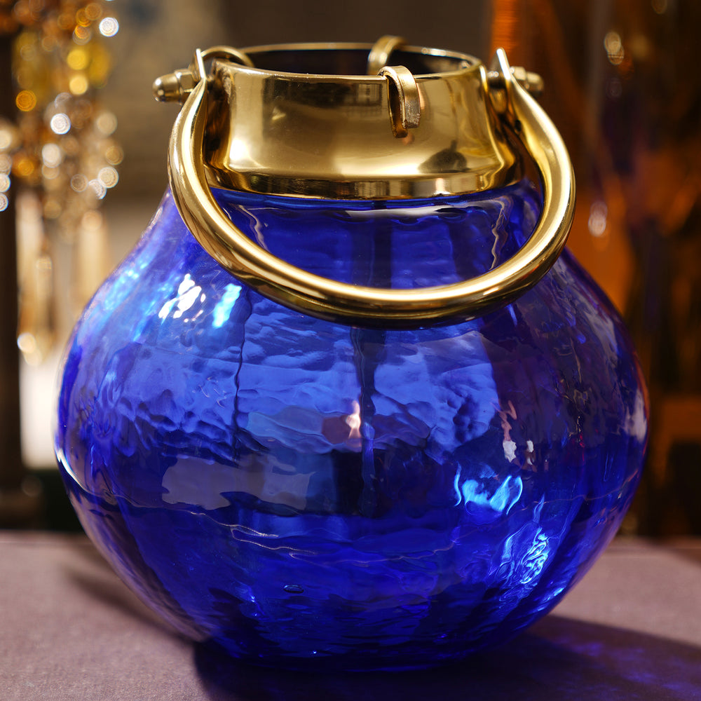 Blue Hammered Glass Lantern Tea Light Holder