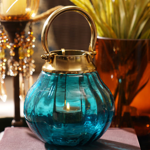 Teal Hammered Glass Lantern Tea Light Holder