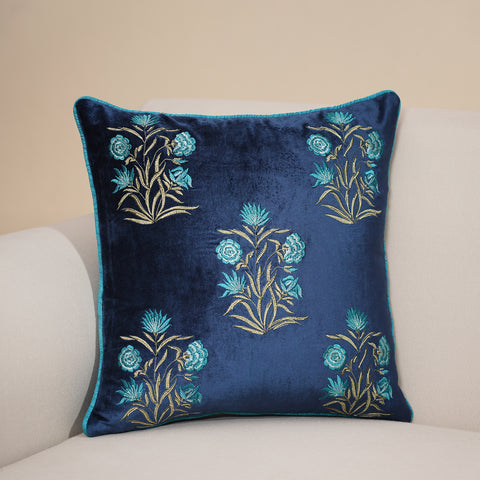 Blue Floral Embroidery Velvet Cushion Cover
