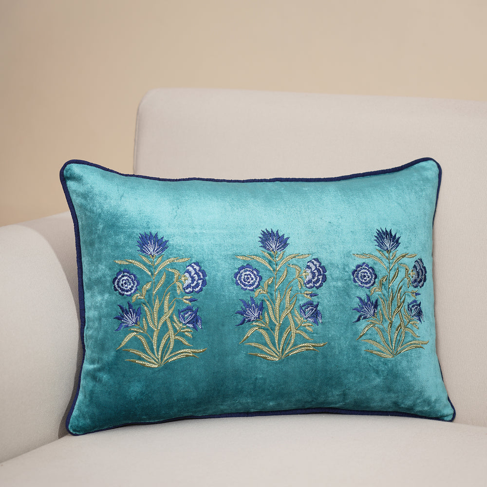Blue Floral Embroidery Velvet Cushion Cover