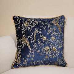 Blue Bird Embroidered Velvet Cushion Cover
