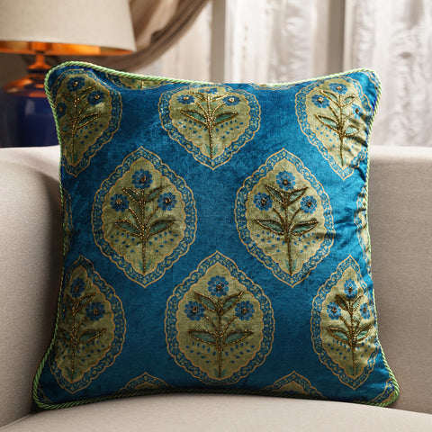 Blue Printed Cushion Cover with Piping