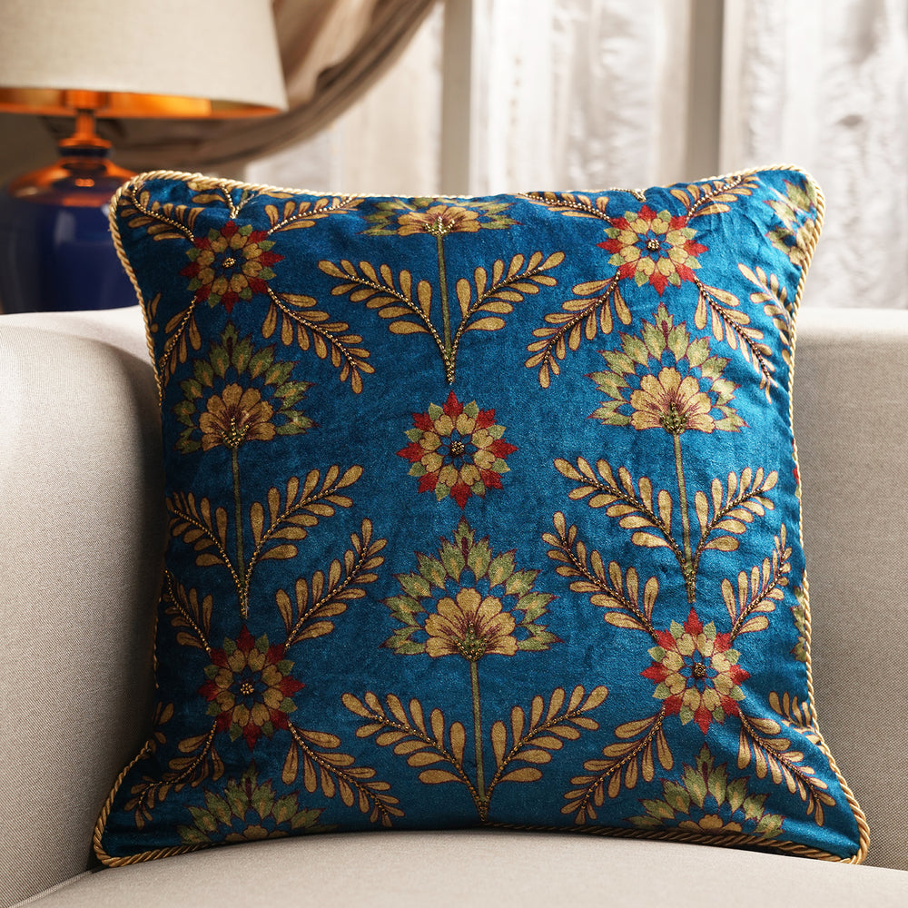 Blue Printed Cushion Cover with Beads