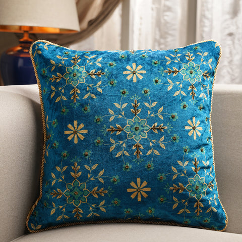 Blue Printed Cushion Cover with Beads