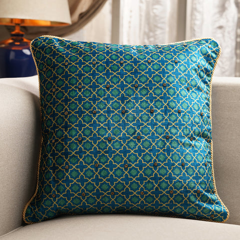 Blue Printed Cushion Cover with Beads