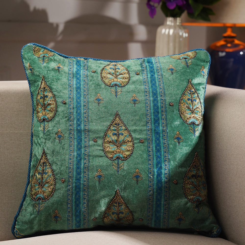 Green Printed Cushion Cover with Beads