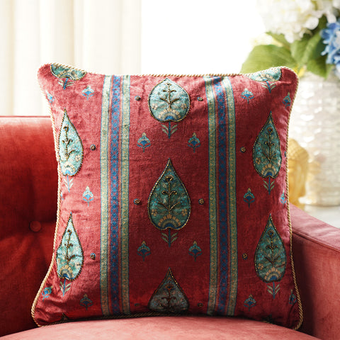 Red Leaf Printed Cushion Cover with Beads