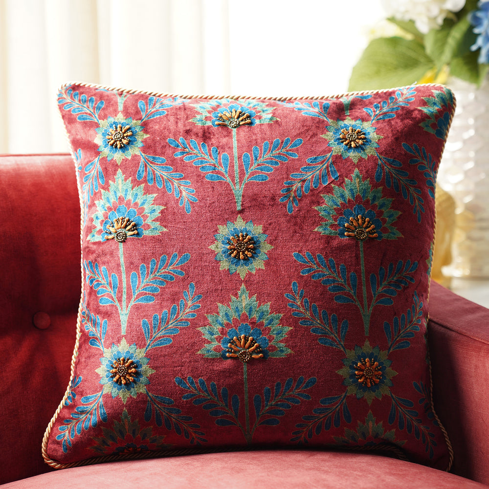 Red Printed Cushion Cover with Beads