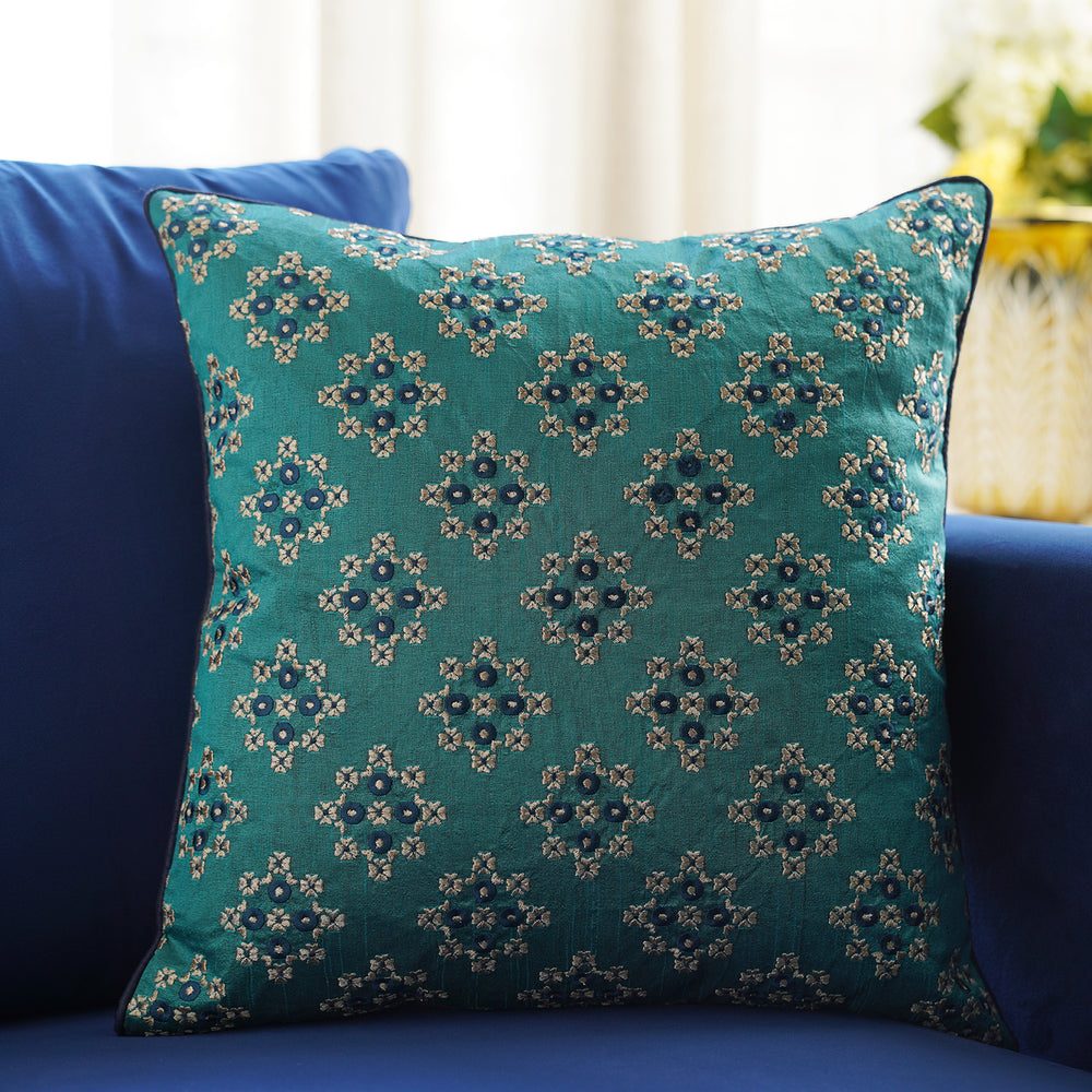 Turquoise Embroidered Cushion Cover with Piping
