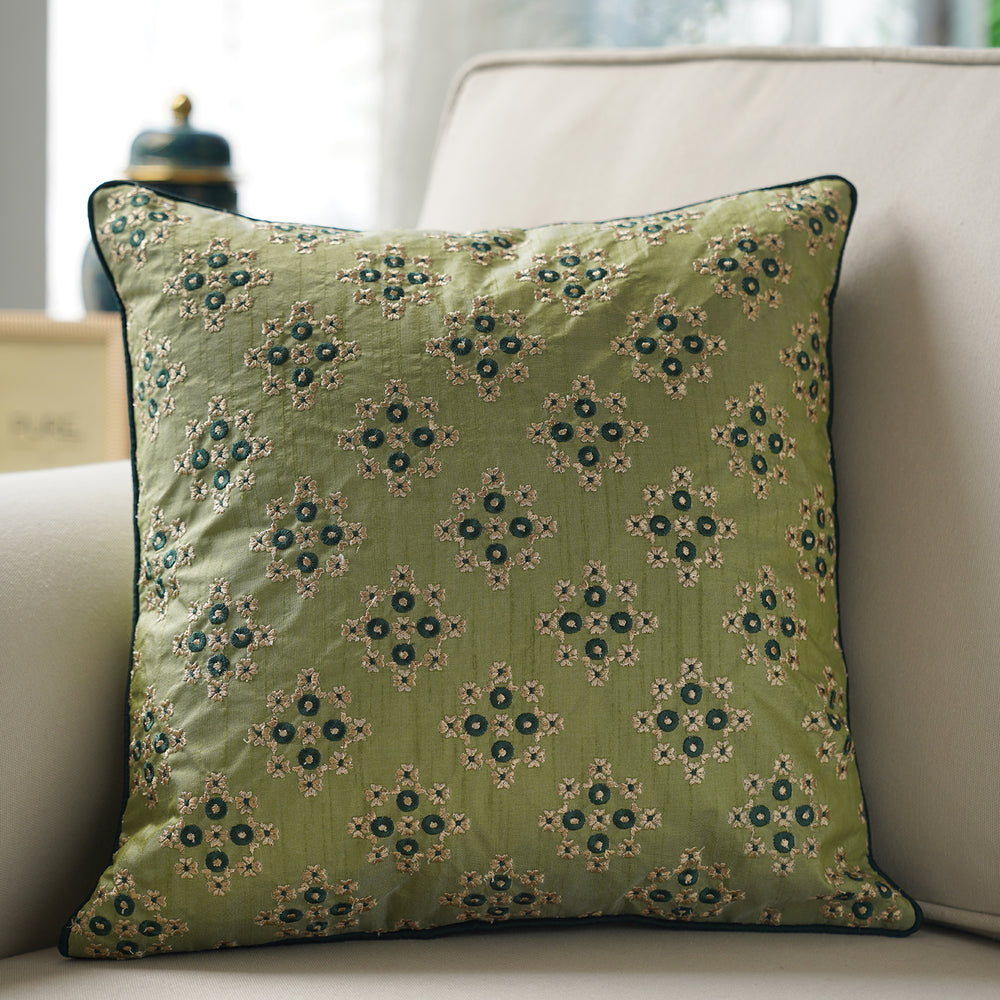 Green Embroidered Cushion Cover with Piping