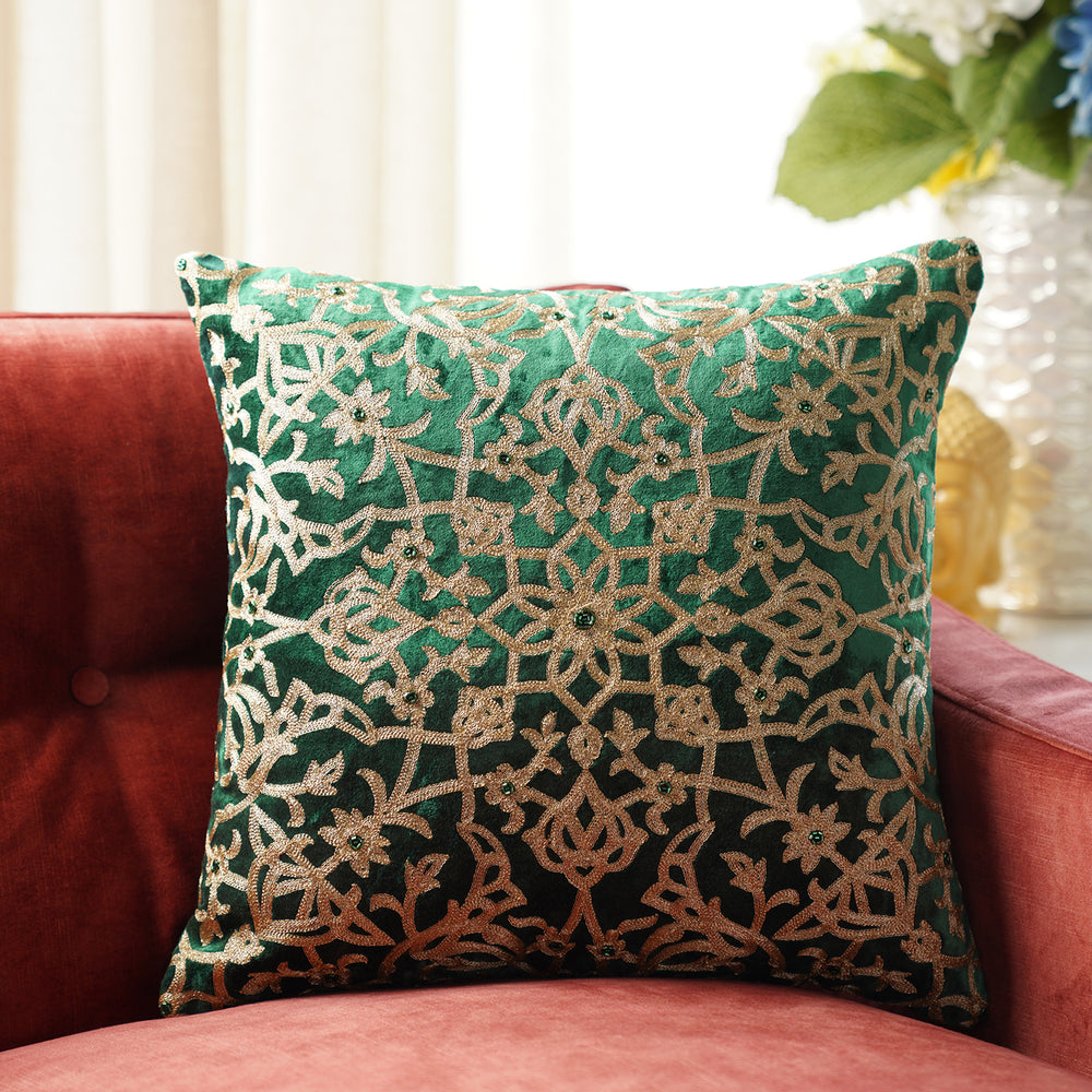 Green Embroidered Motif Cushion Cover