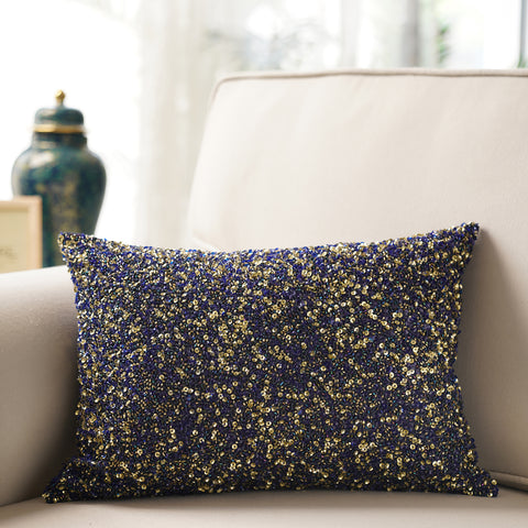 Blue and Gold Sequinned Cushion Cover