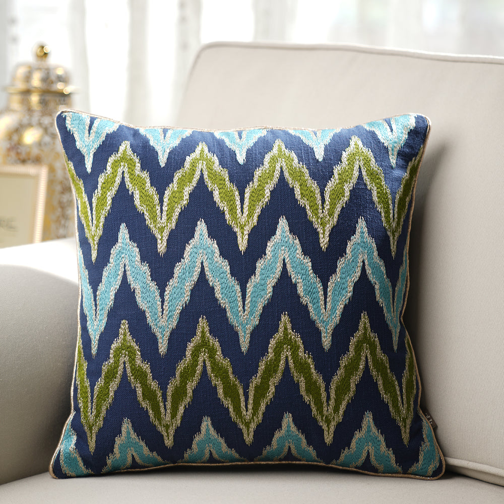 Blue and Green Ikat Embroidered Square Cushion Cover