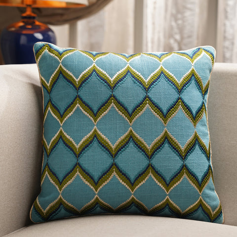 Blue Embroidered Square Cushion Cover with Piping