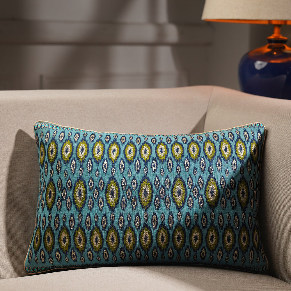 Blue Embroidered Rectangle Cushion Cover with Piping