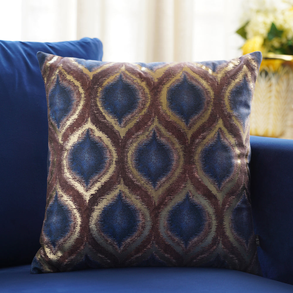 Blue and Gold Printed Square Cushion Cover