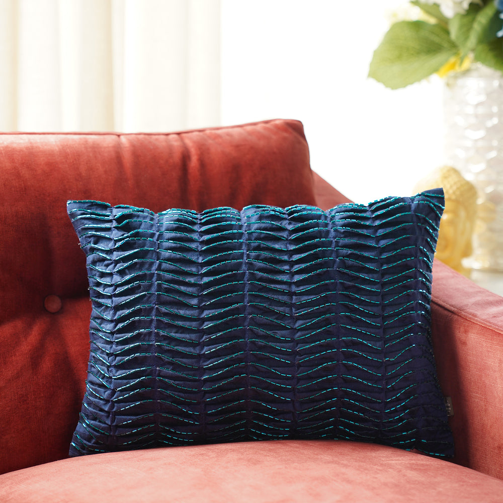 Blue Pleated Rectangle Cushion Cover with Beads