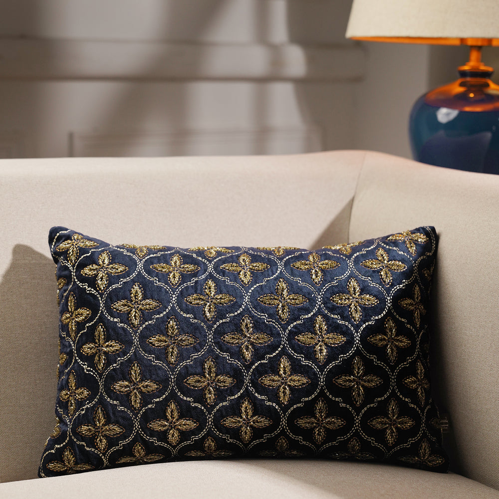 Blue and Gold Embroidered Rectangle Cushion Cover