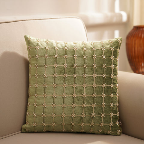 Sage Green Geometric Embroidered Square Cushion Cover