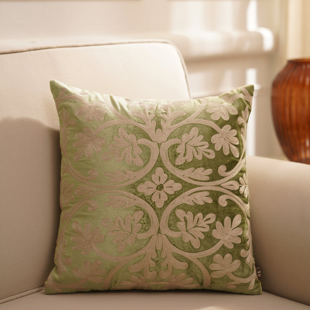 Sage Green Embroidered Square Cushion Cover