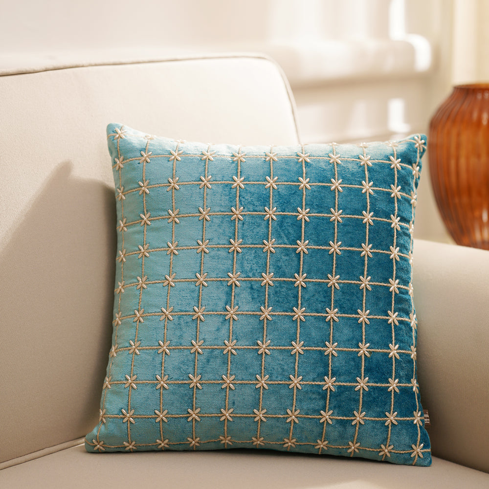 Blue Geometric Embroidered Square Cushion Cover