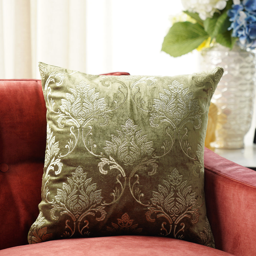 Green Embroidered Square Cushion Cover