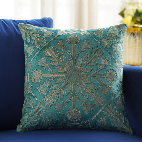 Blue and White Floral Embroidered Cushion Cover