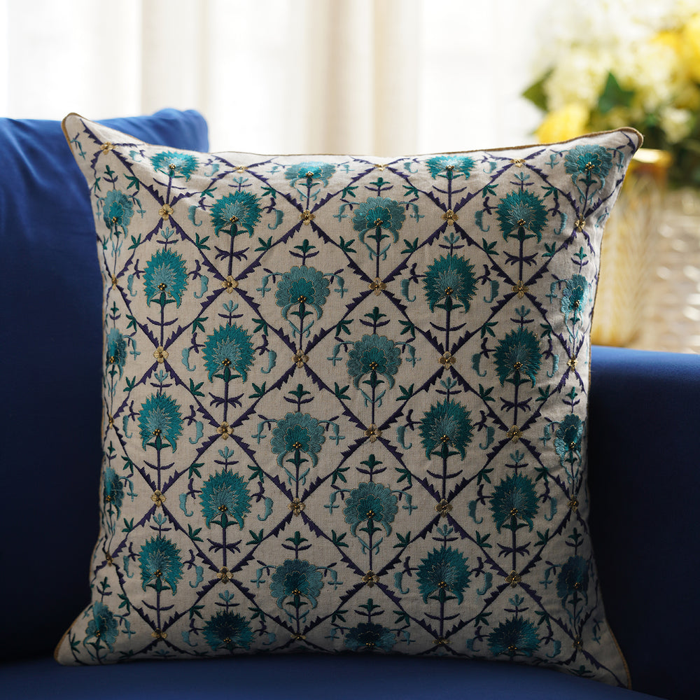 Green and White Threadwork Square Cushion Cover