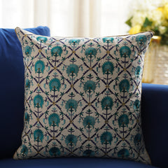 Green and White Threadwork Square Cushion Cover