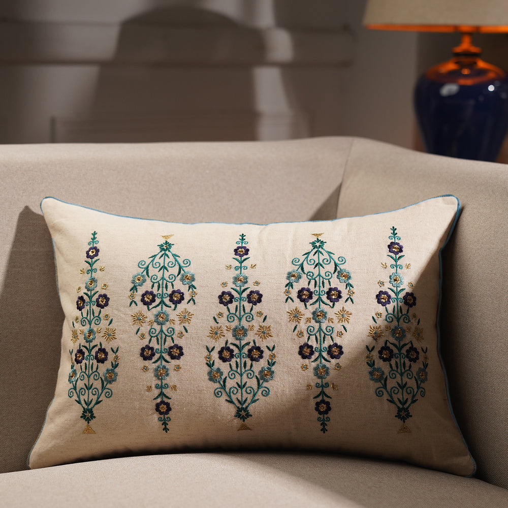 White and Blue Embroidered Rectangle Cushion Cover