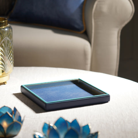 Blue Faux Leather Square Platter - Small