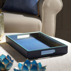 Blue Faux Leather Rectangle Serving Tray