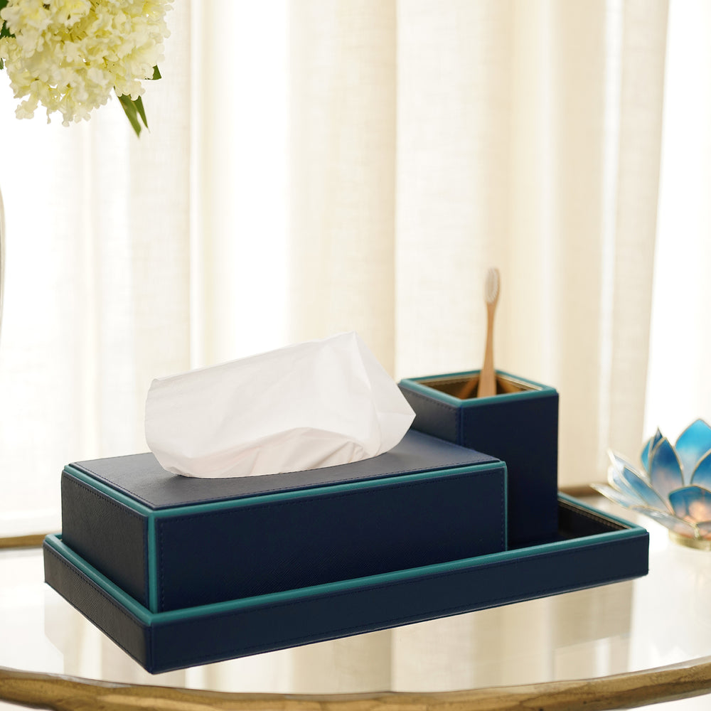 Set of 3 Teal Faux Leather Bathroom Organisers