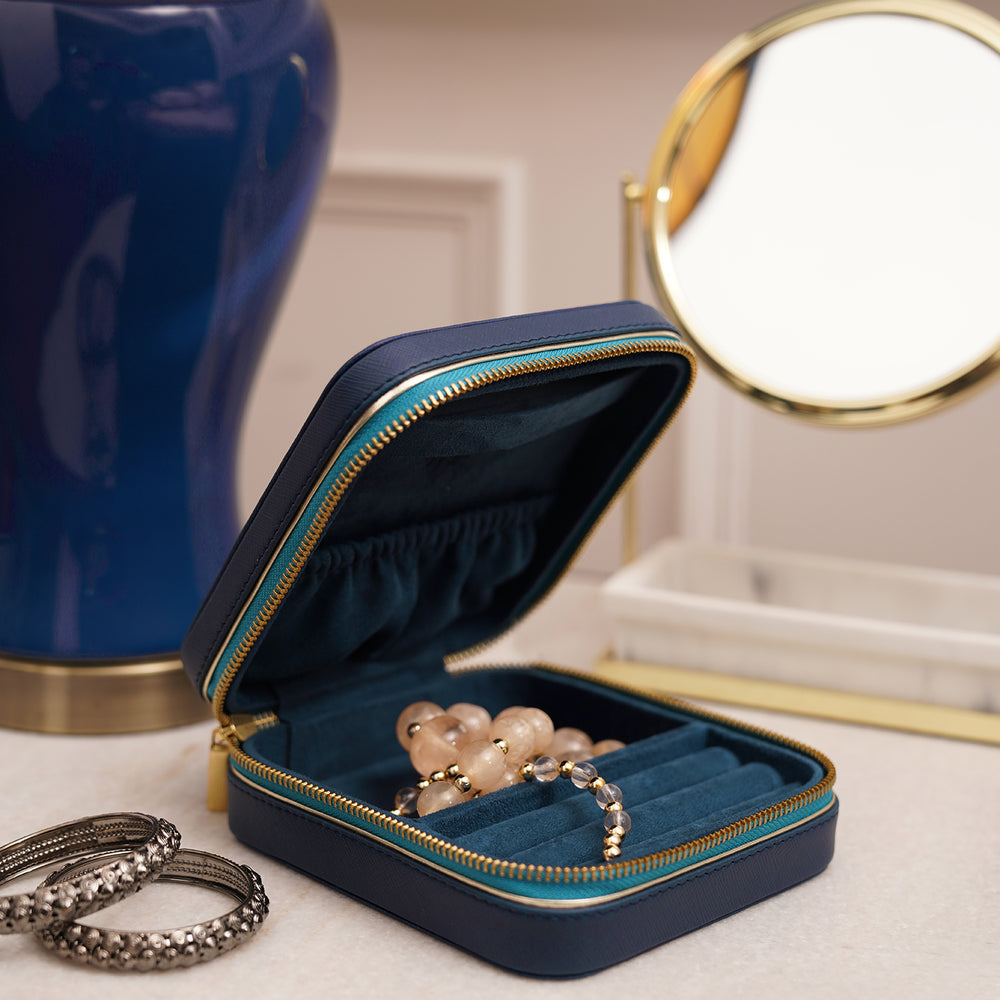Teal Square Faux Leather Travel Jewellery Box