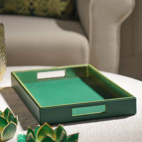 Dark Green Faux Leather Rectangle Serving Tray