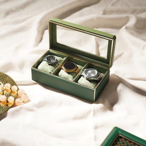 Green 3 Compartment Faux Leather Watch Box