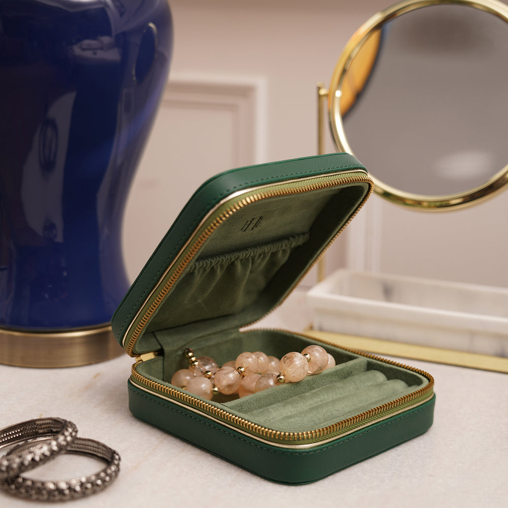 Dark Green Square Faux Leather Travel Jewellery Box