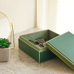 Dark Green Square Faux Leather Storage Box with Lid