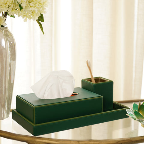 Set of 3 Dark Green Faux Leather Bathroom Organisers